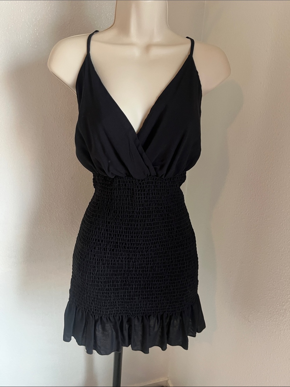 Blue Blush Black Smocked V-Neck Spaghetti Strap Camisole